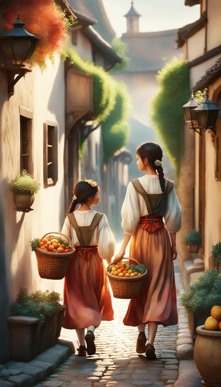 Medieval Women in Cobblestone Street: Anime-Inspired Art