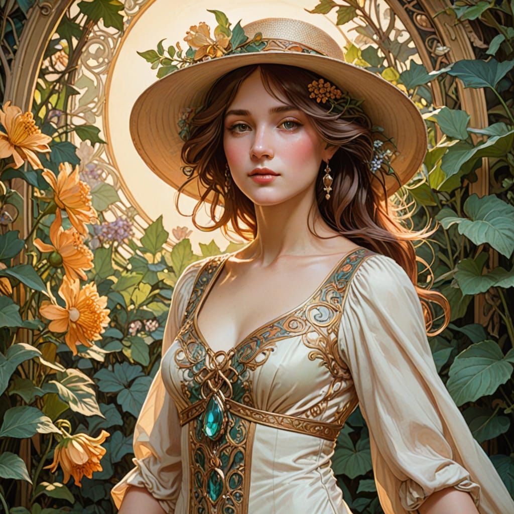 Woman in Flower Hat in Sun-Dappled Garden, Graphic Novel Sty...