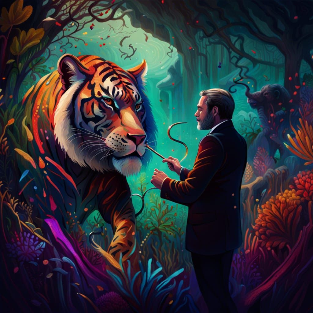 Conductor Leads Animals in Fantasy Landscape