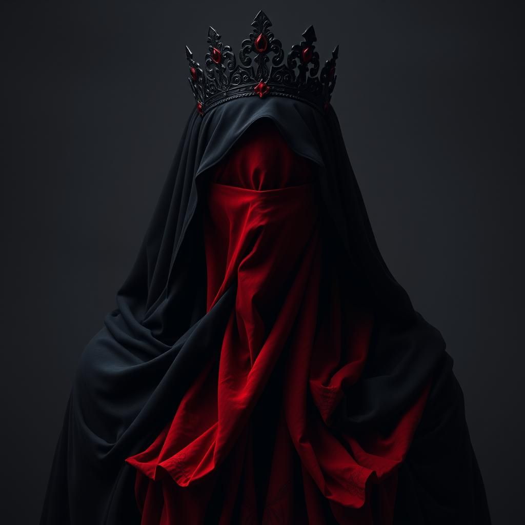 A dark, shrouded figure wearing a veil over their face