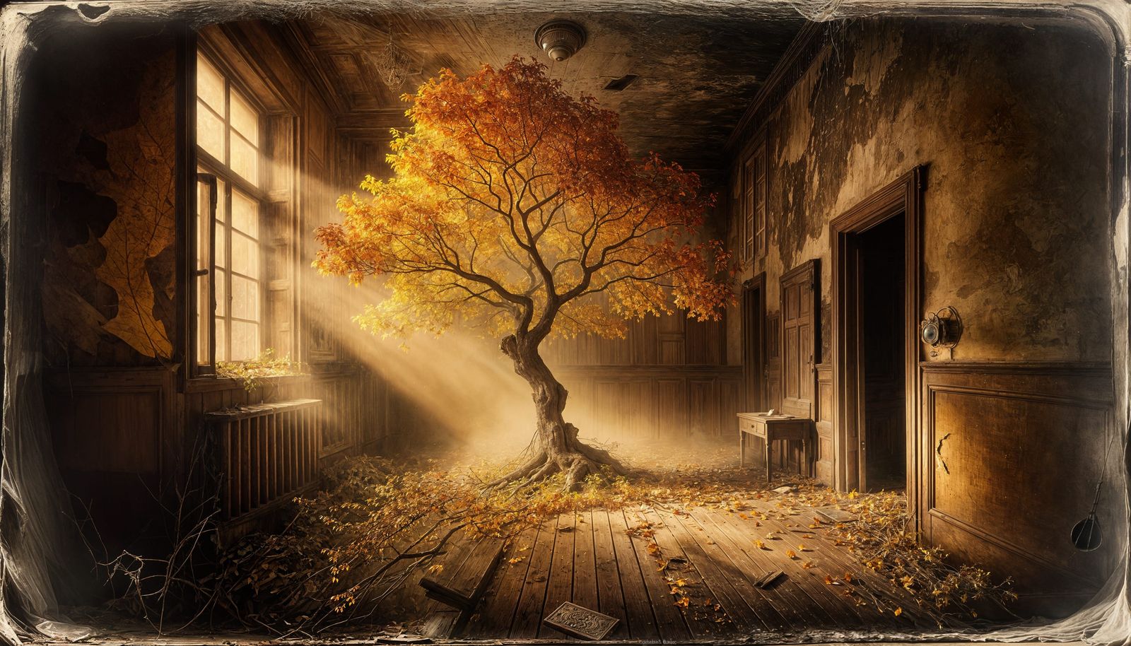 Autumn Tree Emerges in Abandoned Room: Wet Plate Collodion