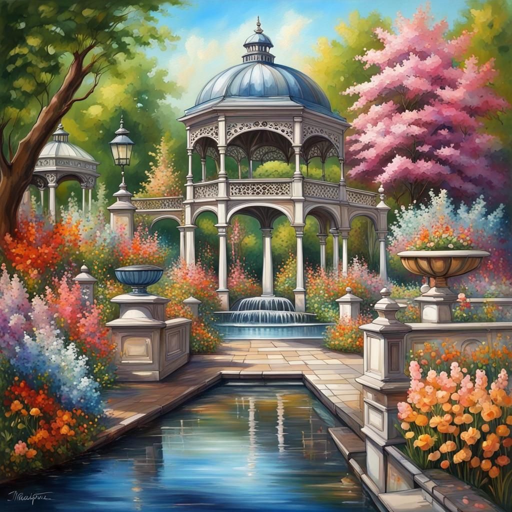 Lush Spring Flower Garden with Victorian Elements