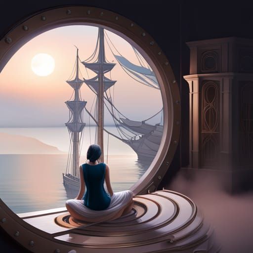 Woman Gazing at Silver Ship: Fantasy Digital Art