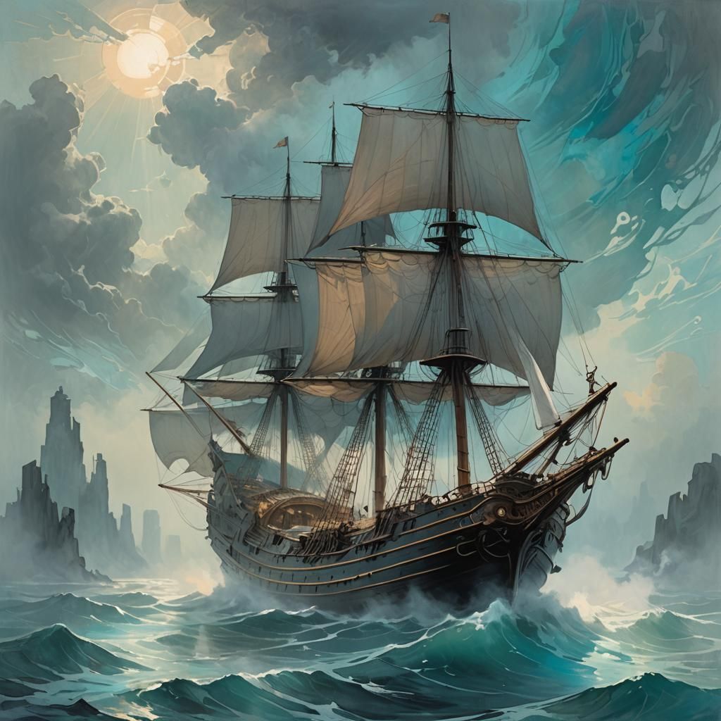 Ethereal Sailing Ship in Misty Light, Dramatic Concept Art