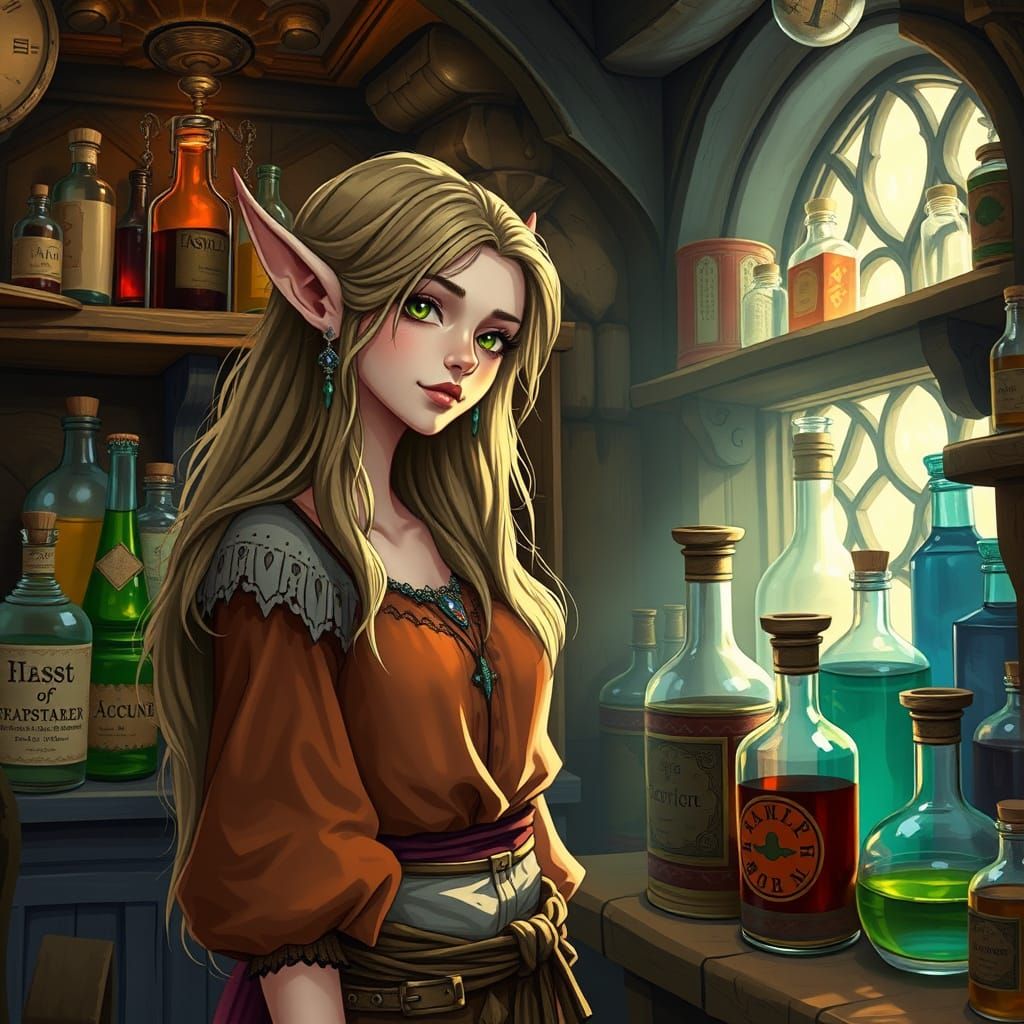 Elf Woman in Apothecary Shop, Ghibli-Inspired