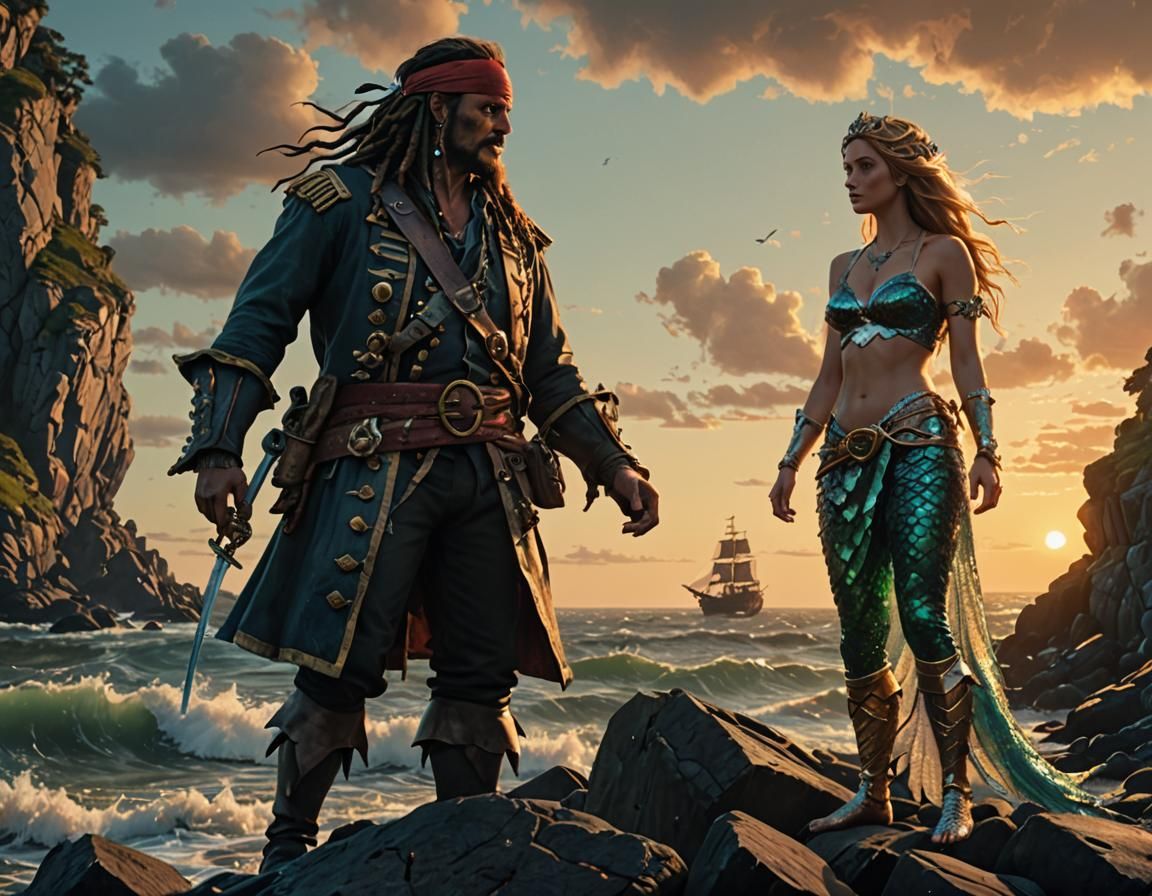 Pirate King and Mermaid Queen at Sunset