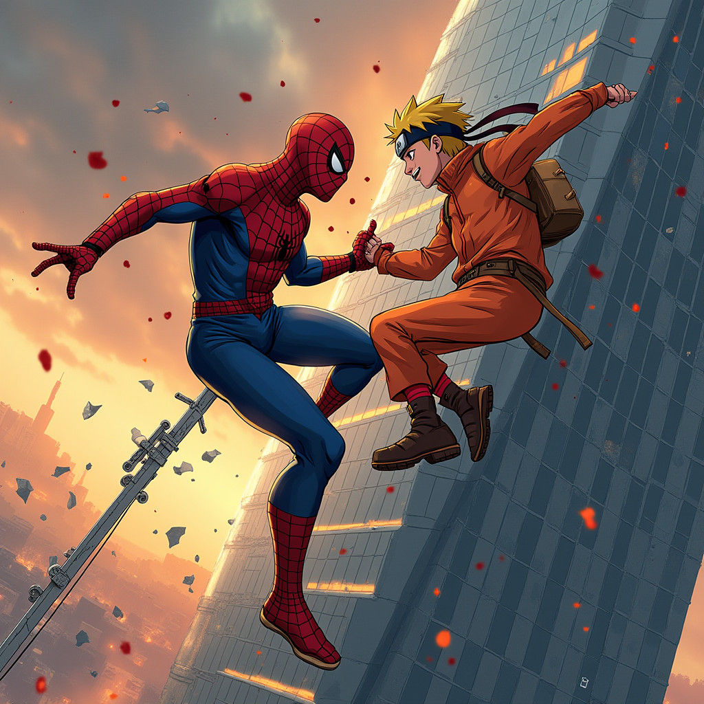Spider-Man vs Naruto: Skyscraper Showdown in Comic Art Style