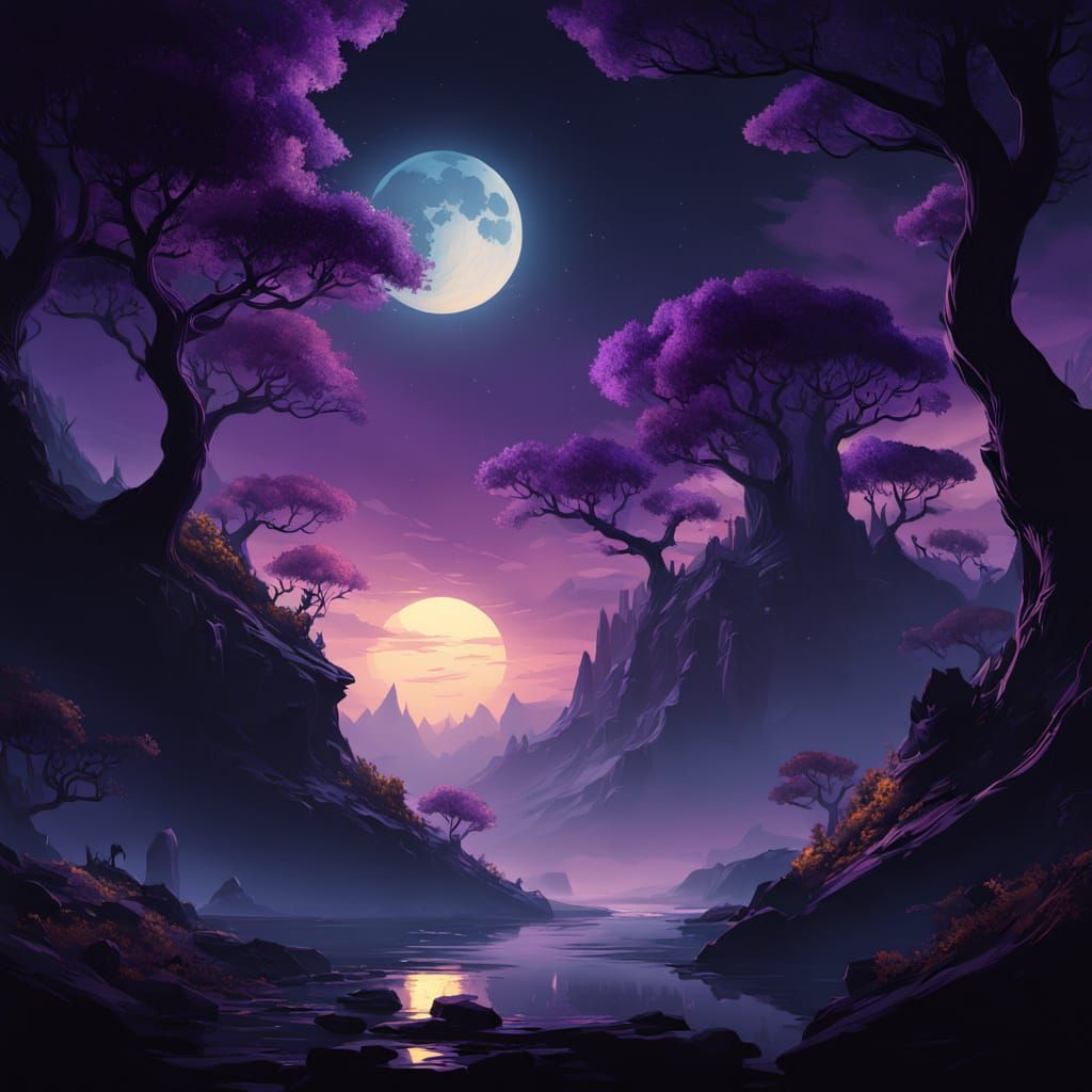 Ethereal Black Moon Hovers Above Twisted Treescape in Dark F...