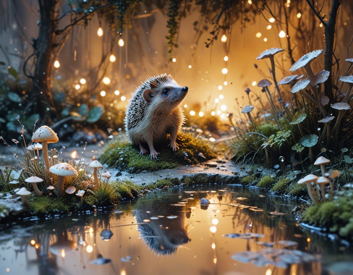 Hedgehog in Enchanted Garden with Fairy Lights