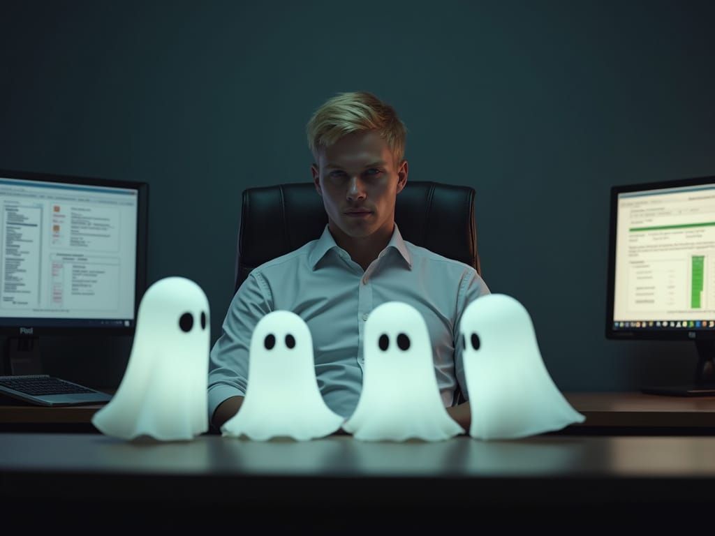 Nighttime Office Scene with Ghostly Spirits