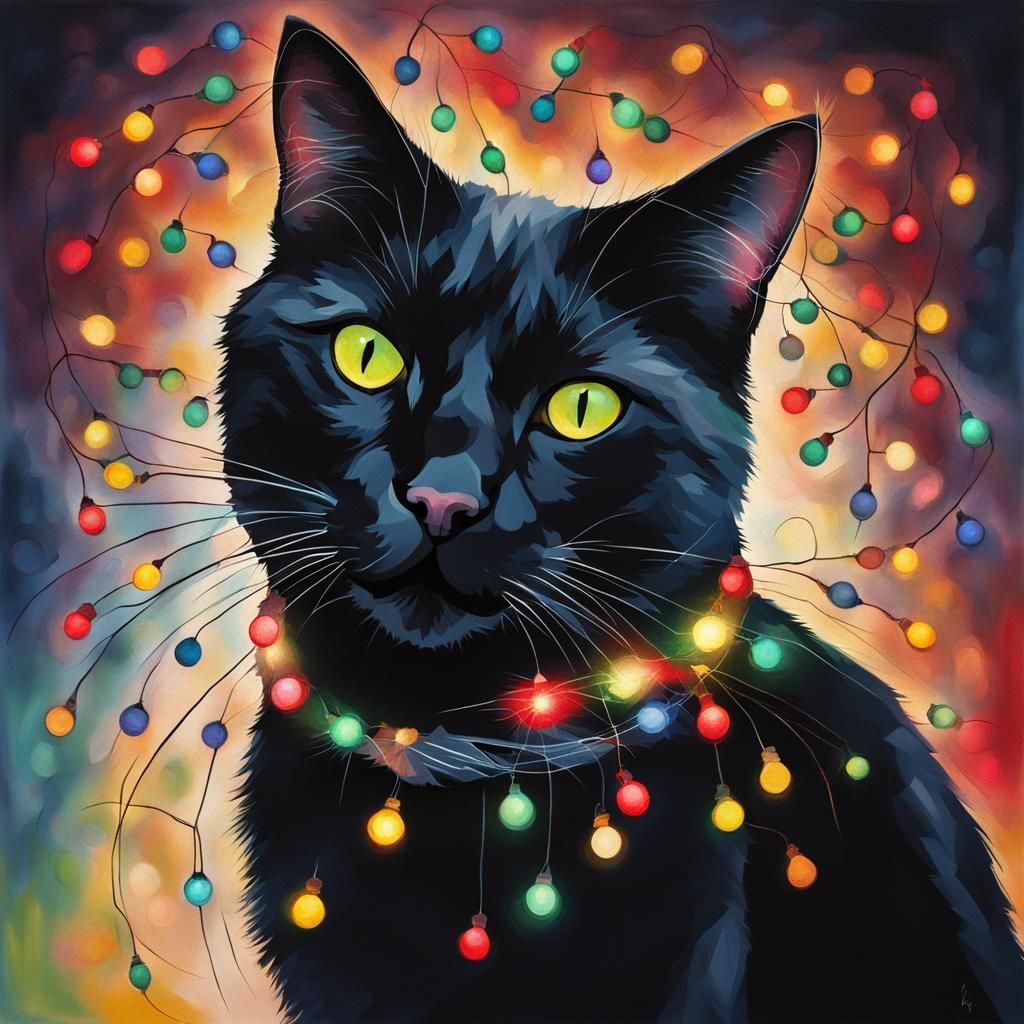 Black Cat Decorated with Christmas Lights