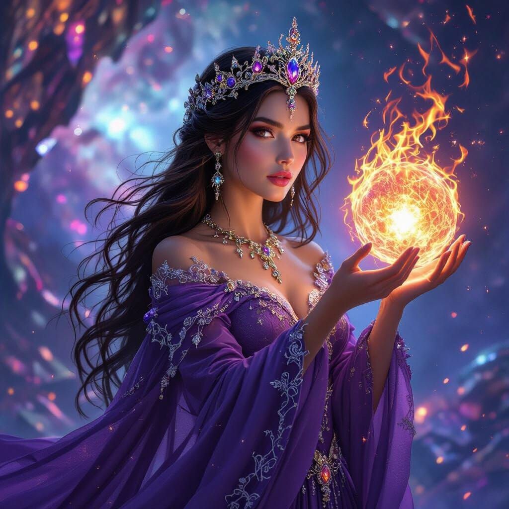 Fantasy Woman with Orb in Cosmic Nebula, Digital Painting