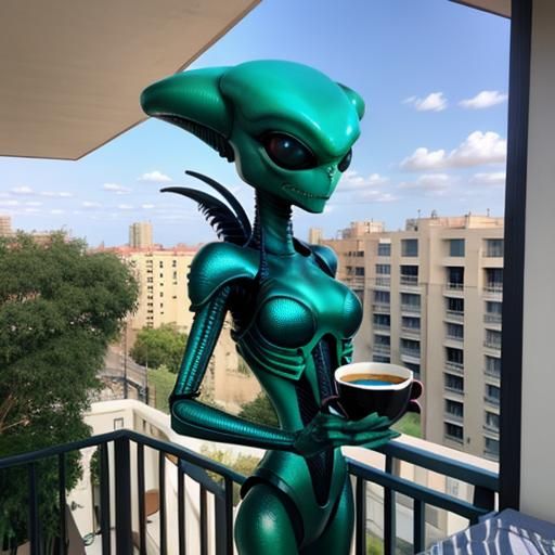 Alien Lady Enjoying Coffee on a Balcony