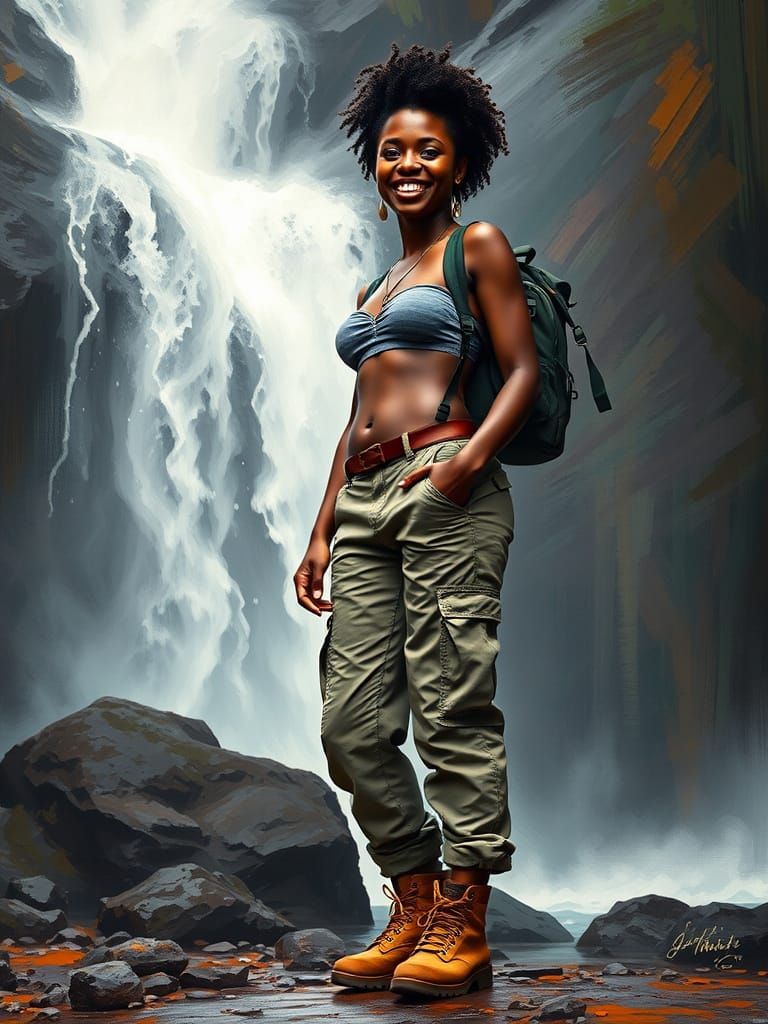 Proud Woman at Waterfall in Vibrant African Art Style