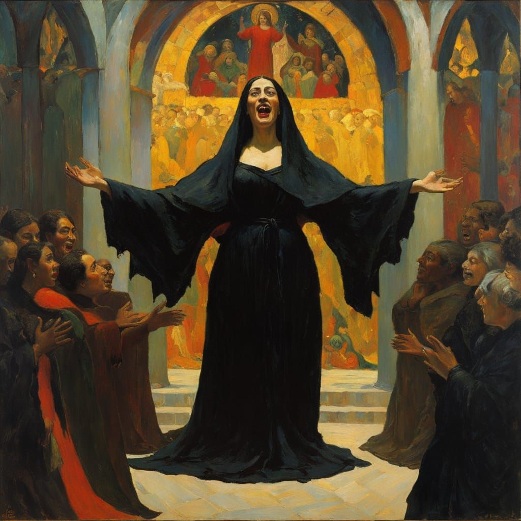 Female Demon Grinning in Cathedral: Post-Impressionistic Imp...