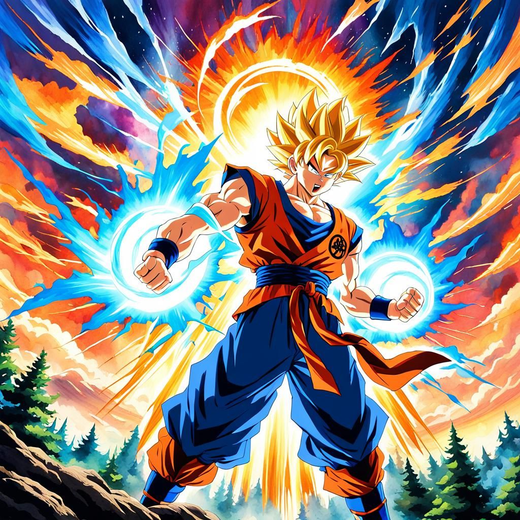 Goku's Kamehameha Wave in Mystical Forest, Anime Style