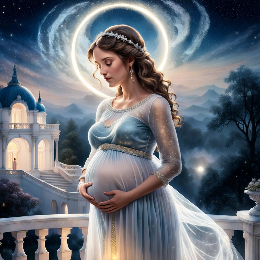 Ethereal Pregnant Woman Under Starry Sky