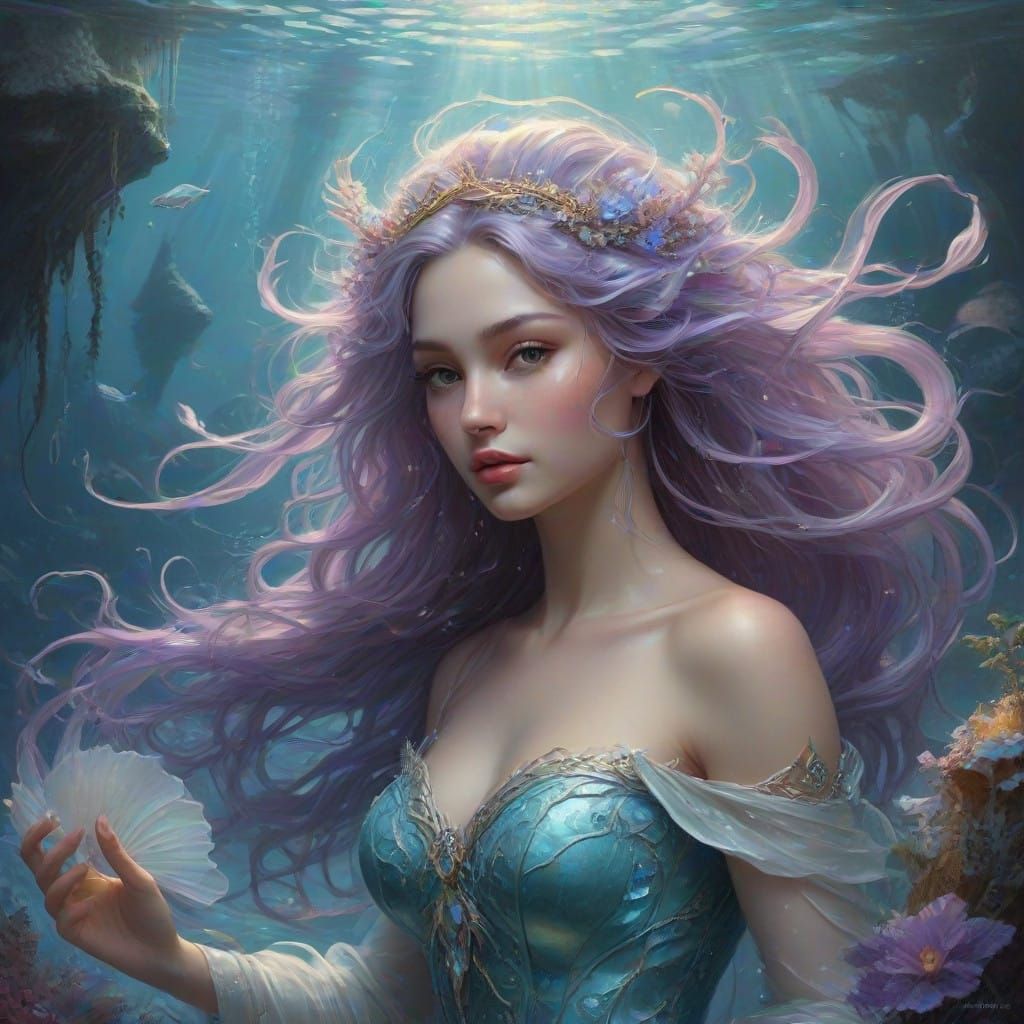 Mystical Sereia Emerges from Conch Shell in Enchanted Underw...