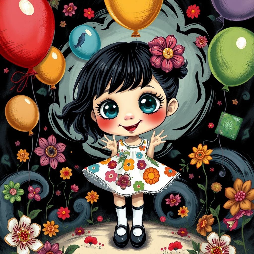 Whimsical Girl in Eerily Enchanting Cartoon Style