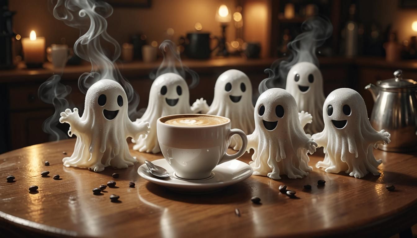 Cute Ghosts Enjoying Coffee in Warm Lighting