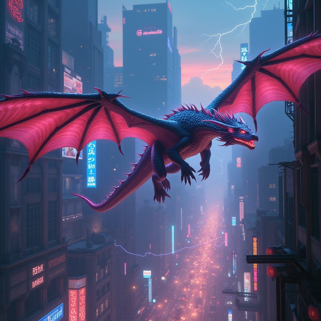 Electric Dragon Soaring Over Neon Metropolis