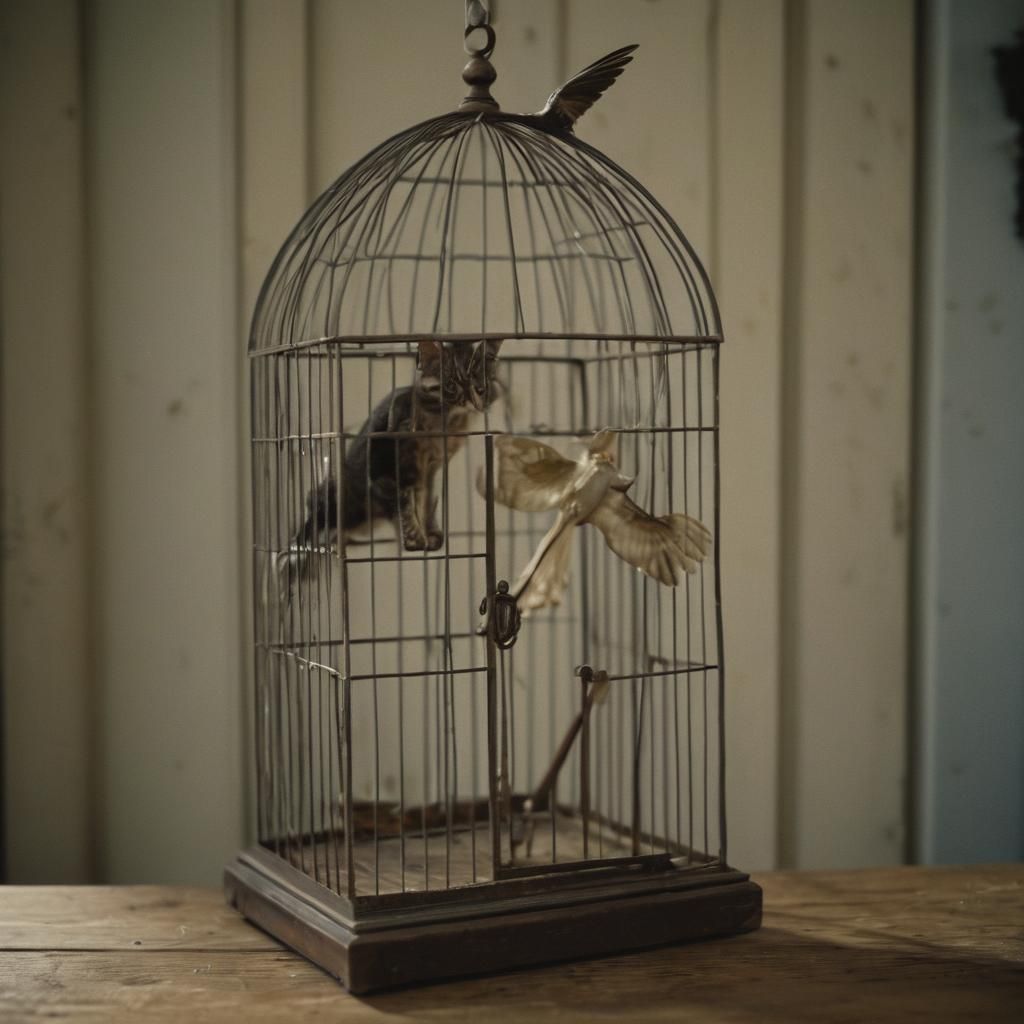 Winged Cat Escapes Antique Birdcage: Cinematic Still