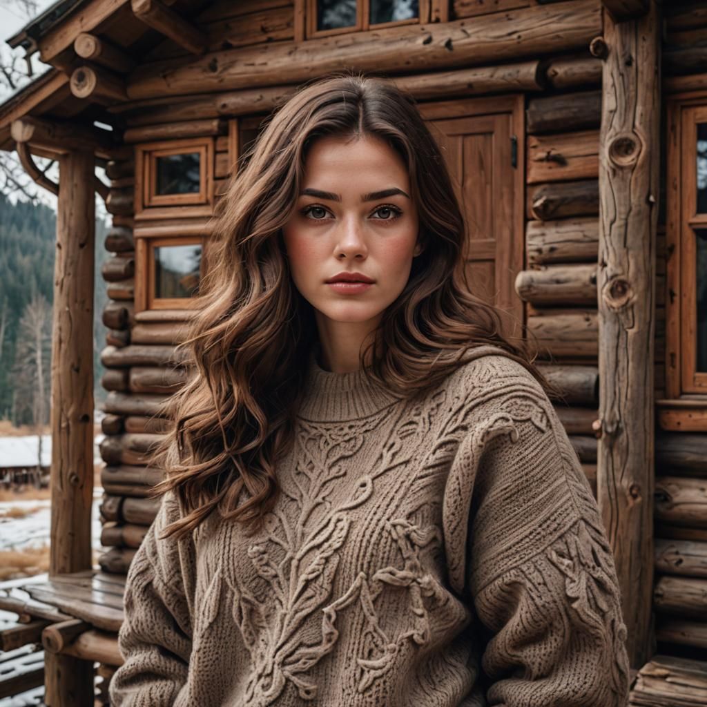Girl in Log Cabin, Hyperrealistic Image