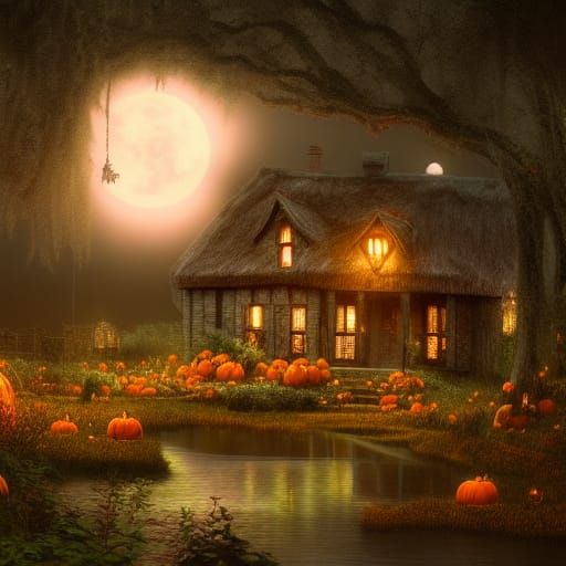 Haunted Bayou Cottage with Pumpkins in Fantasy Style