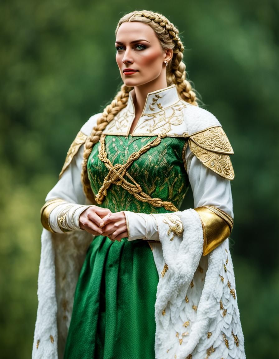 Medieval Woman with Falcon in Brocade Dress