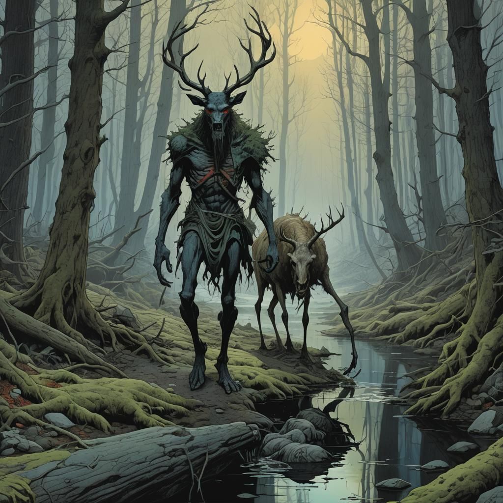 Wendigo in Forest, Moebius Style Illustration
