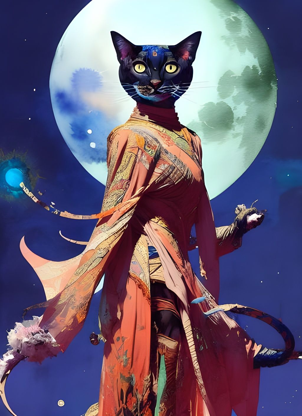 Regal Cat Humanoid Praying Under the Moon