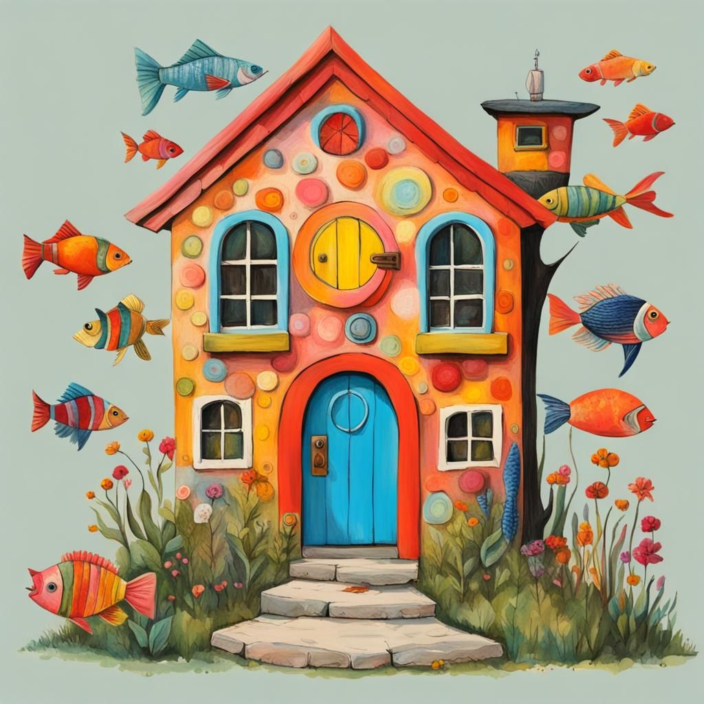 Whimsical Fish Door House in Art Brut Style