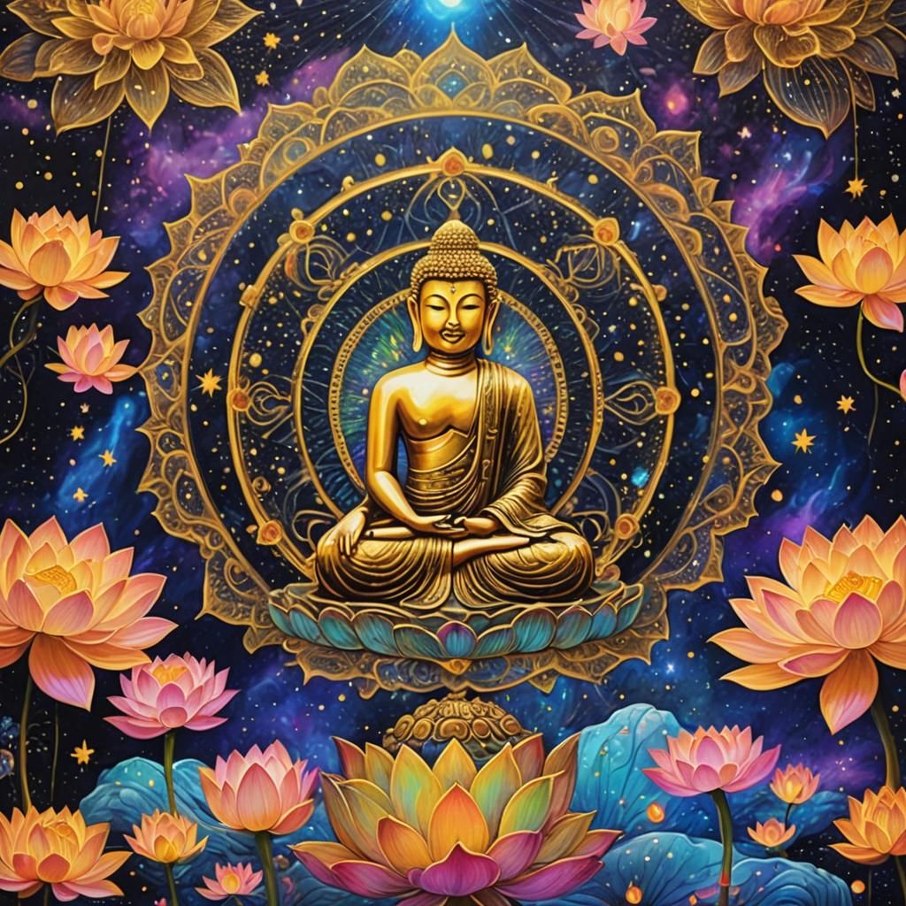 Golden Jelly Buddha with Lotus Flowers in Space