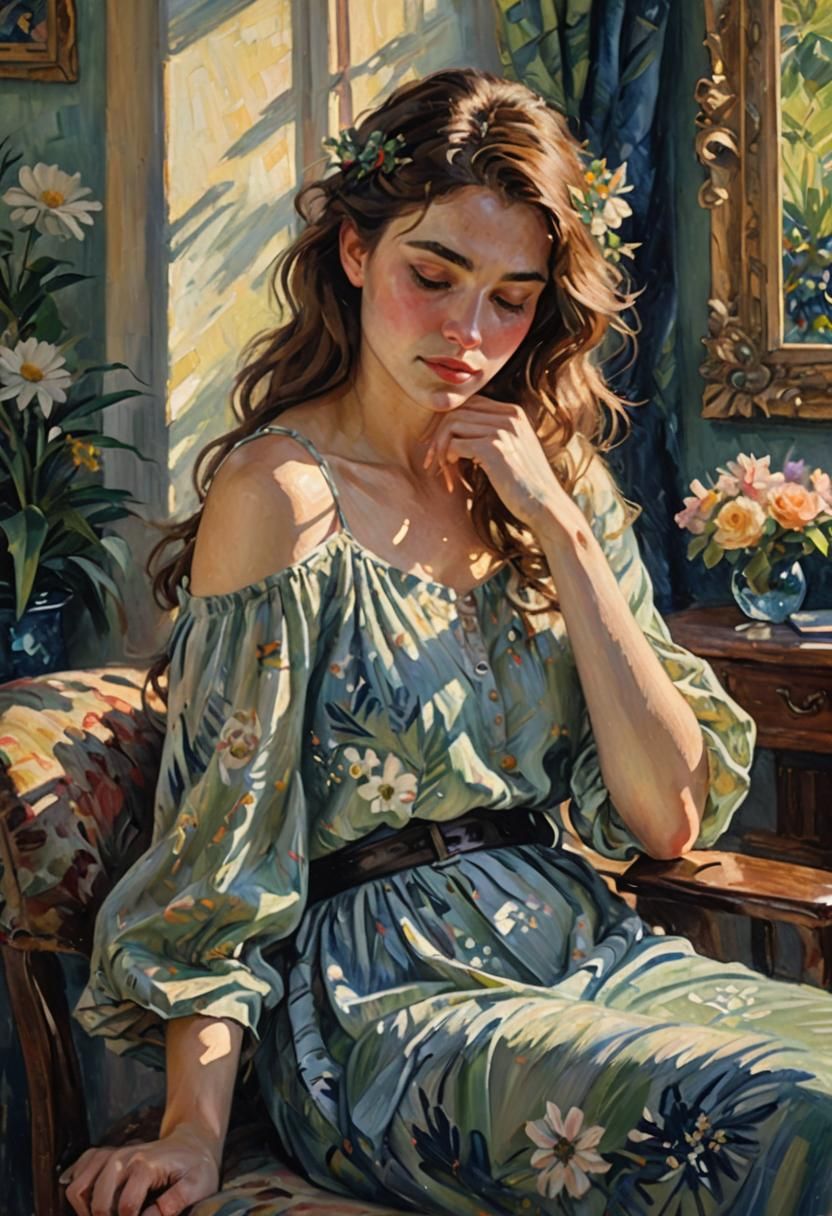 Impressionist Portrait of a Young Woman in Monet Style