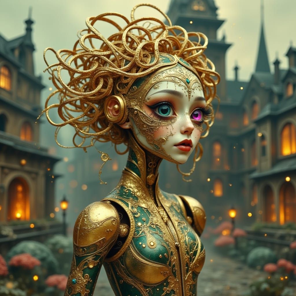 Steampunk Robot in Victorian Cityscape