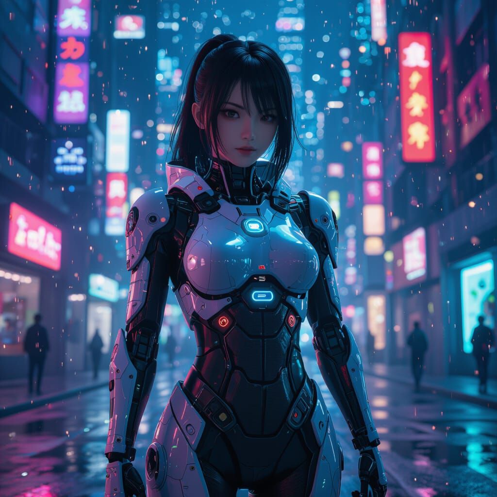 Futuristic Cybernetic Human in Neon Cityscape