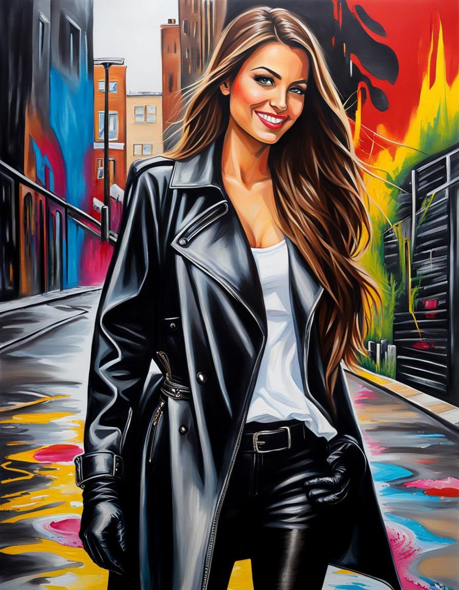 Leather-clad Woman in Graffiti Splash Art Style