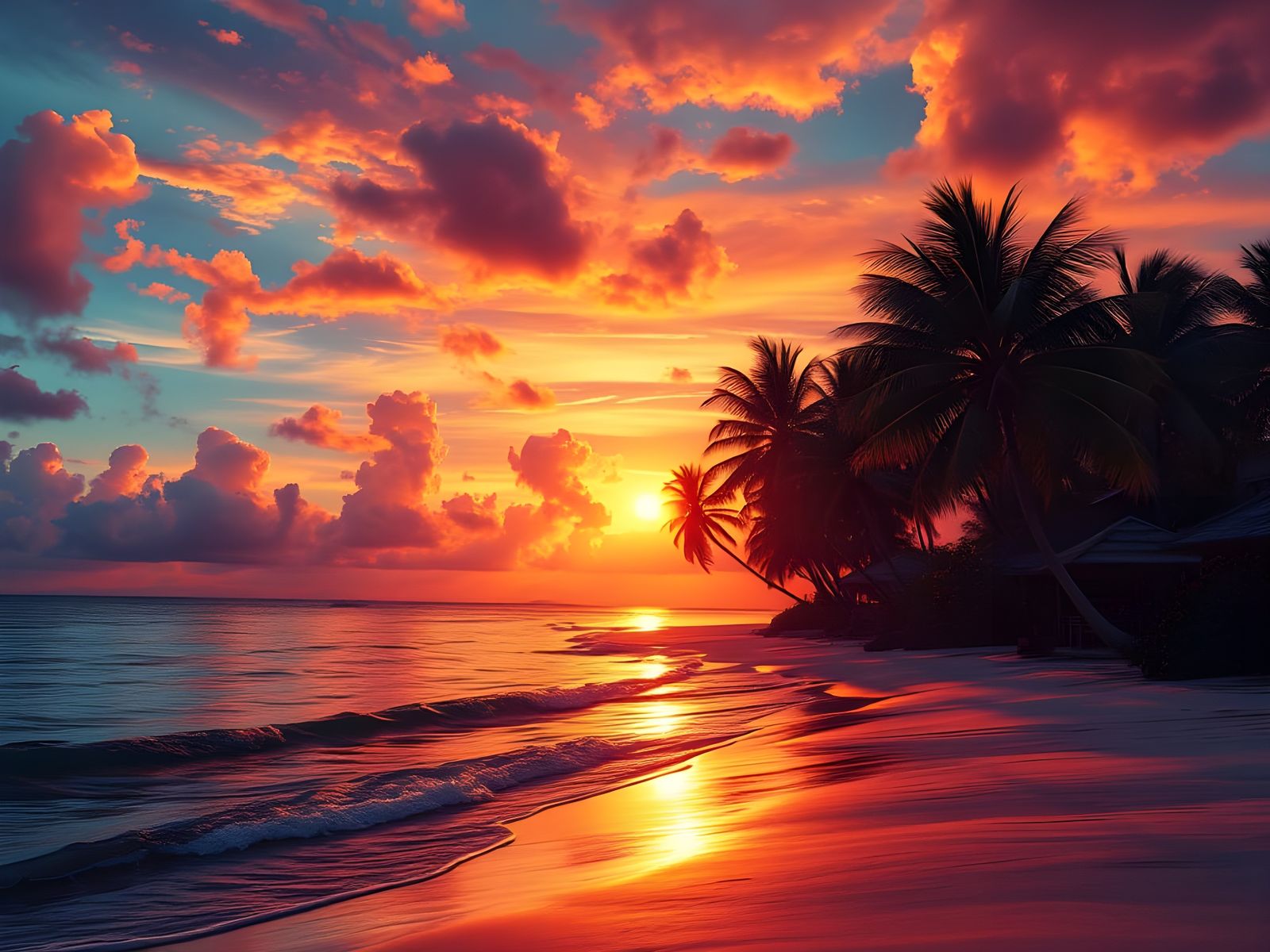 a sunset on a tropical beach