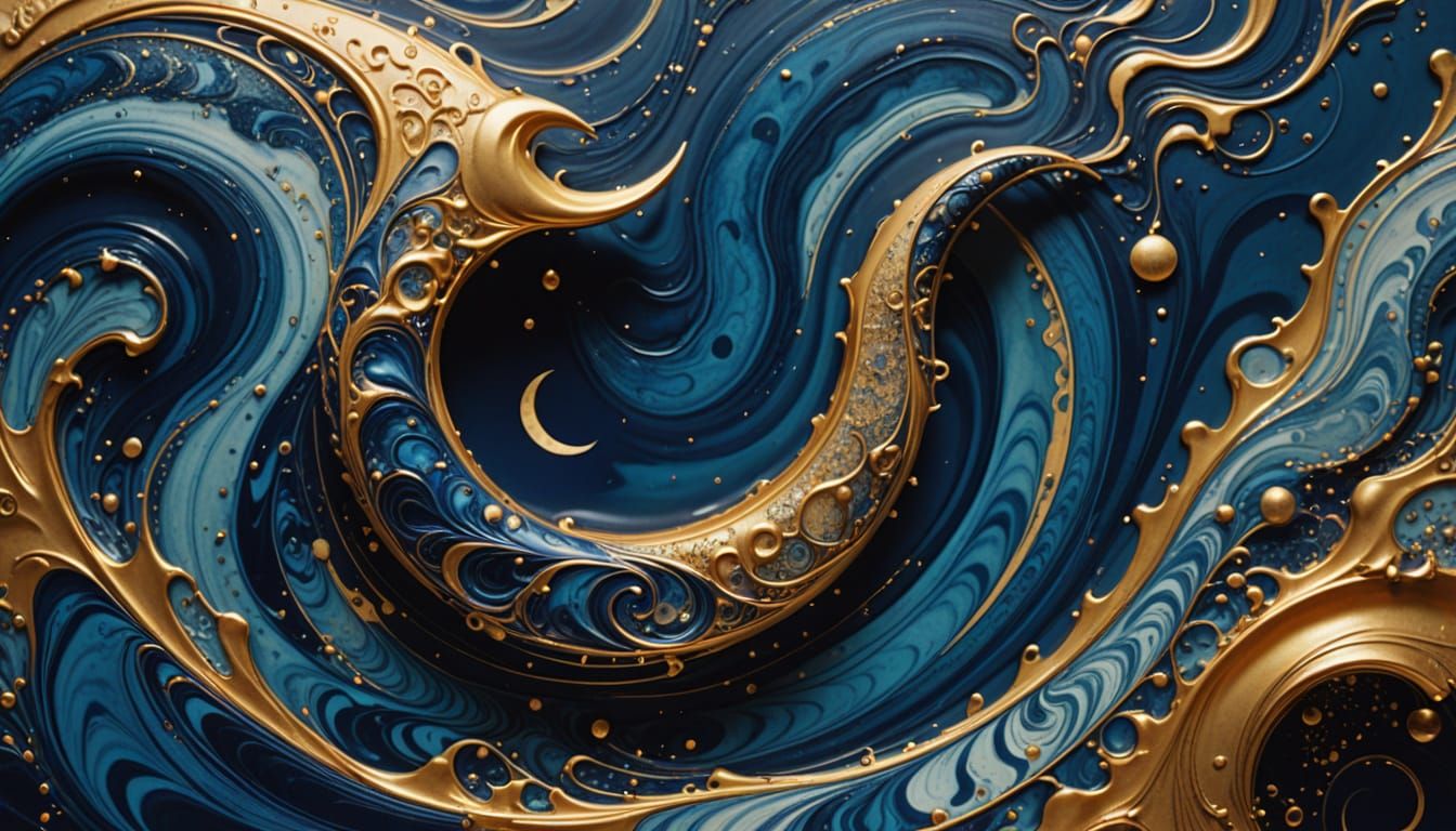 Ethereal Crescent Moon in Ink Marbling Style