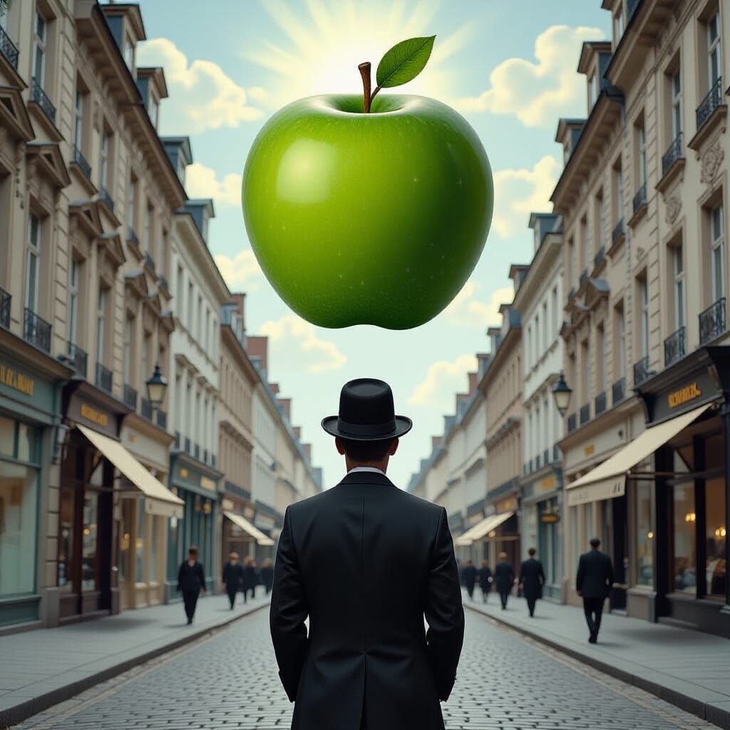 Surreal Cityscape with Giant Apple: Magritte Style