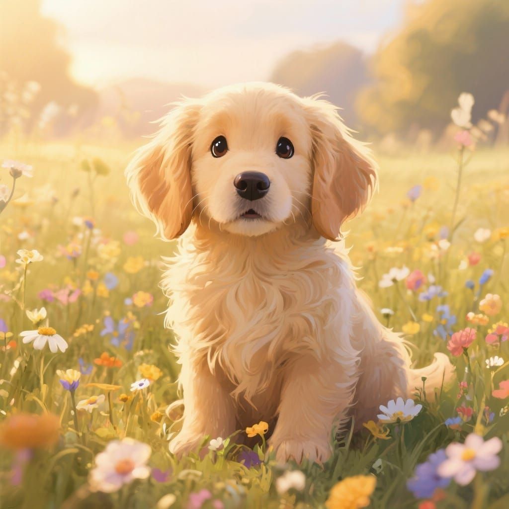 Fluffy Golden Retriever Puppy in Wildflower Field at Golden ...