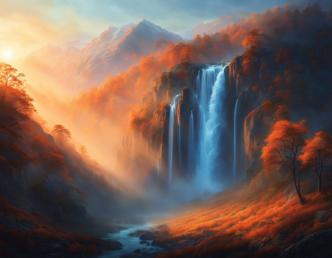 Surreal Waterfall in Foggy Valley at Sunrise