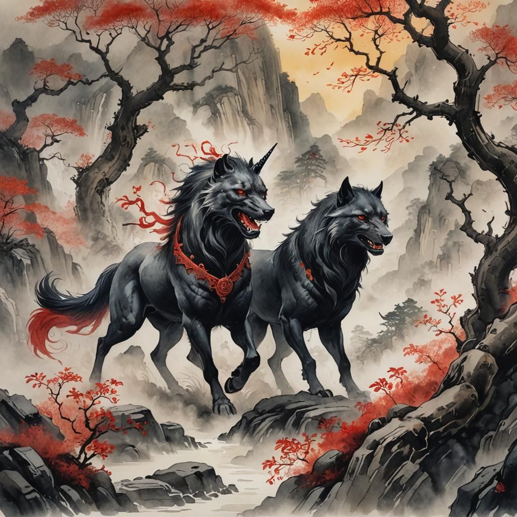 Unicorn vs Wolf: Chinese Ink Illustration