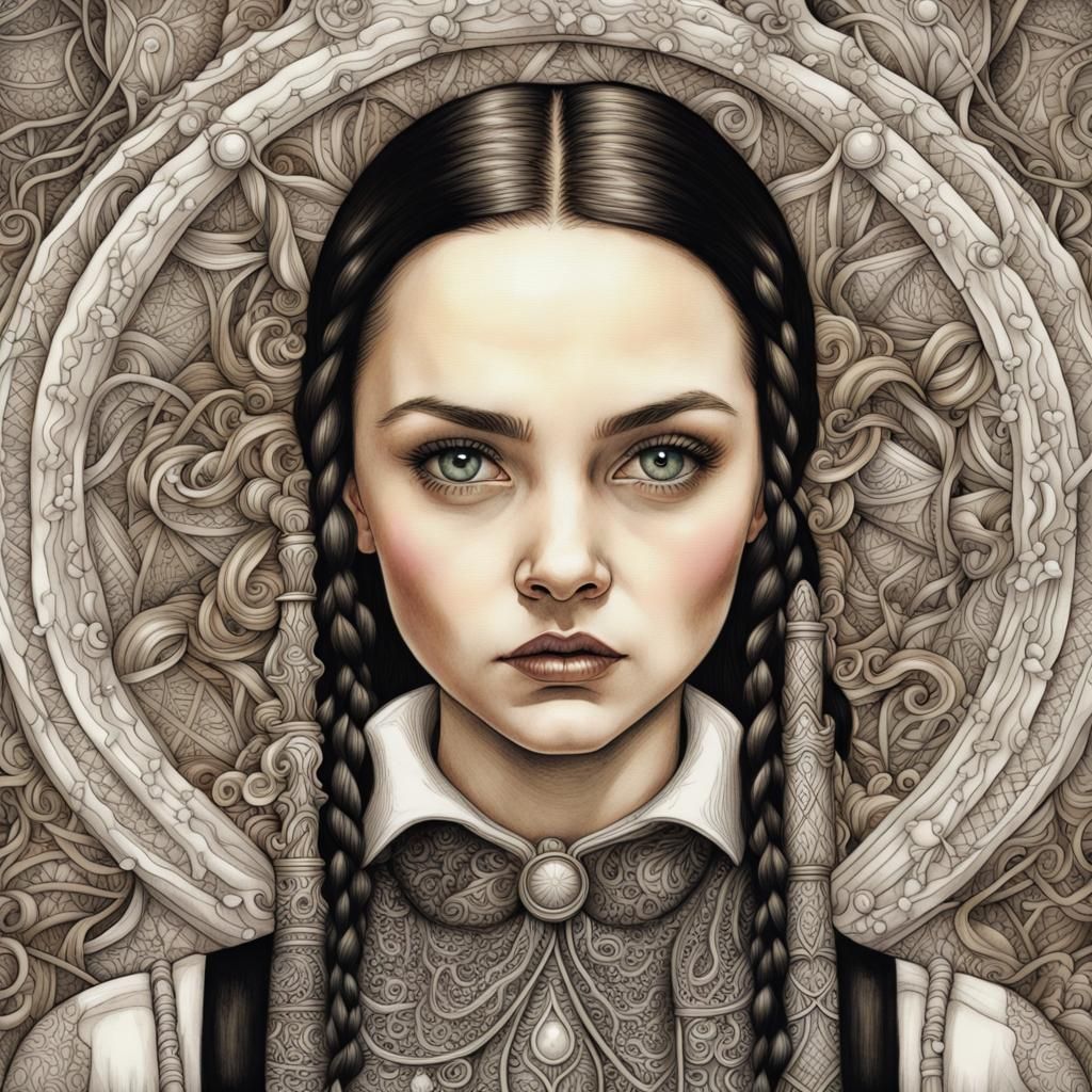 Wednesday Addams in Zentangle Style Watercolor Painting