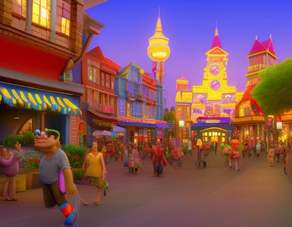 town square Pixar, Disney, concept art, 3d digital art, Maya 3D, ZBrush Central 3D shading, bright colored background, r...