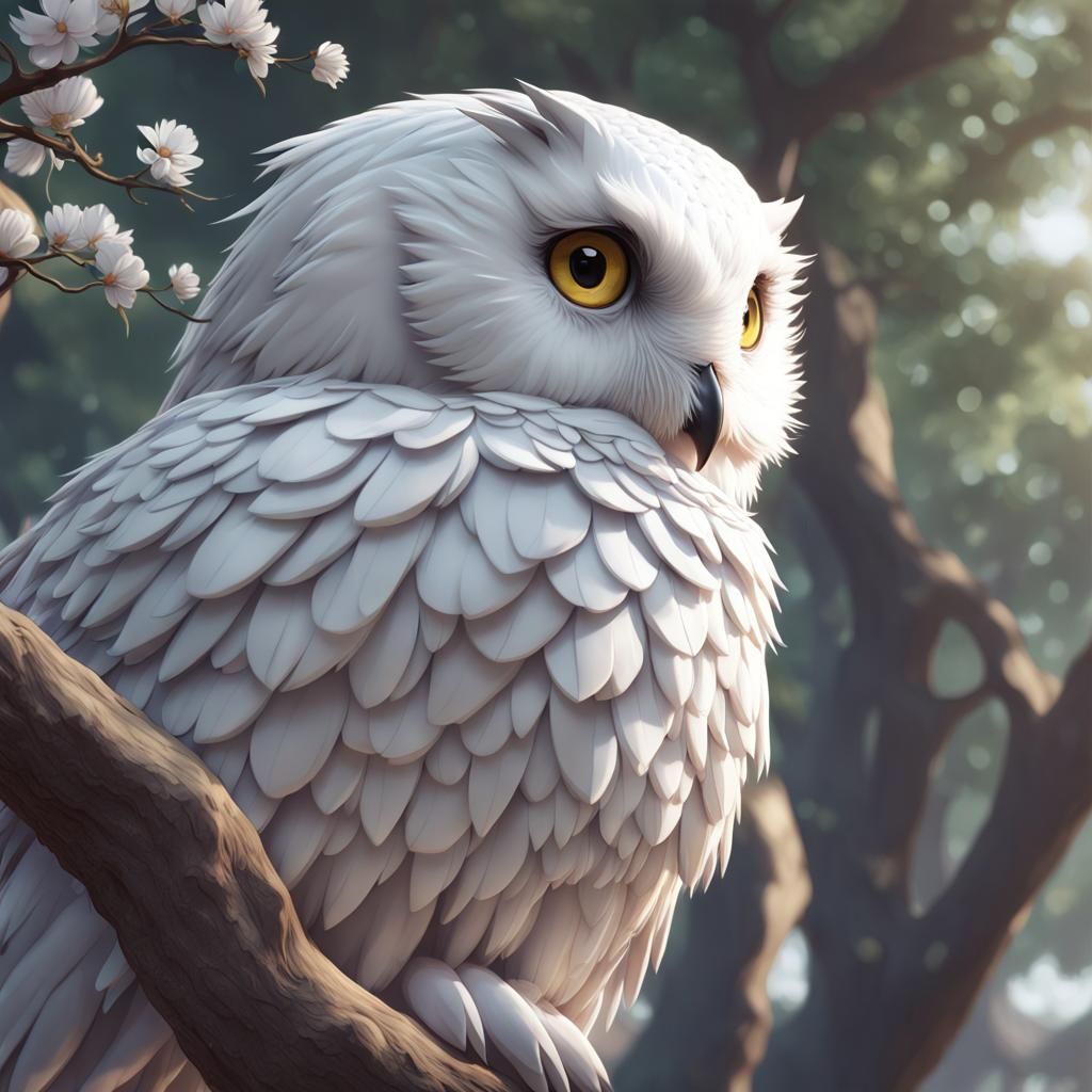 Anime Style White Owl with Detailed Plumage