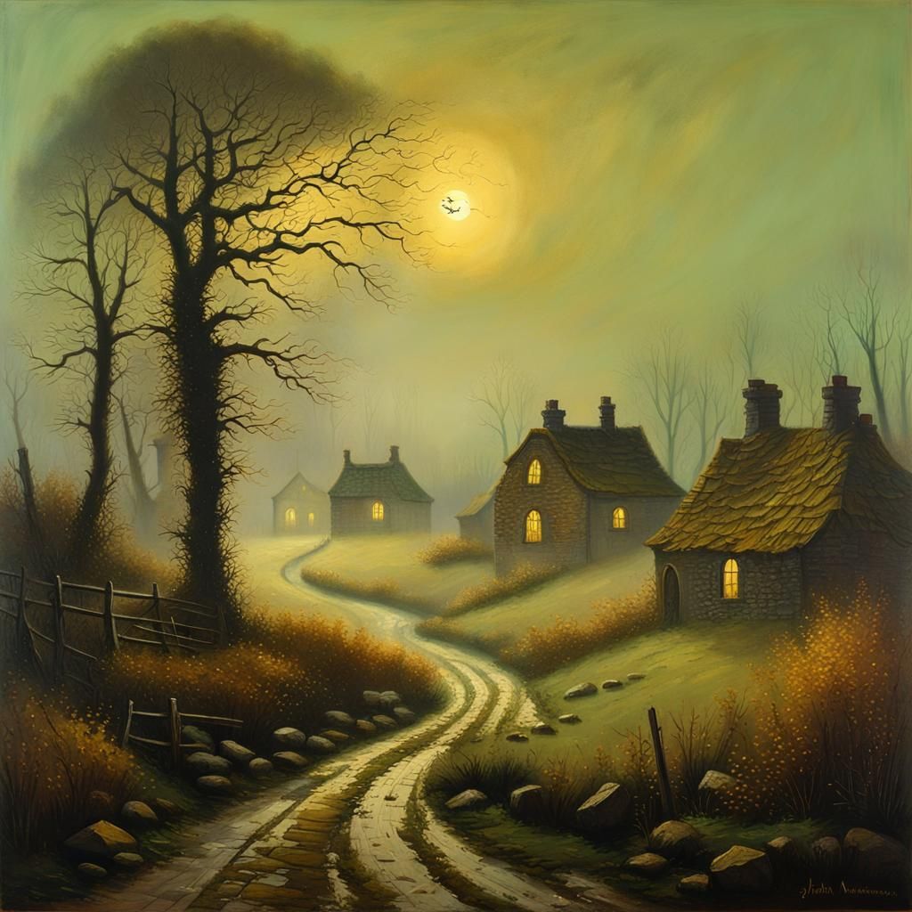 Misty Village Landscape Painting in Golden Light