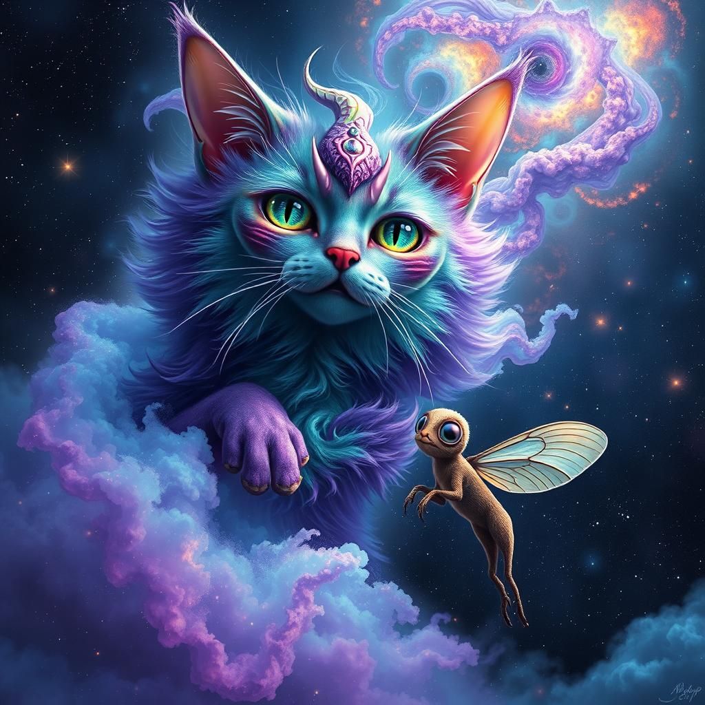 Cosmic Djinn Cat and Lost Moth in Vibrant Starry Expanse