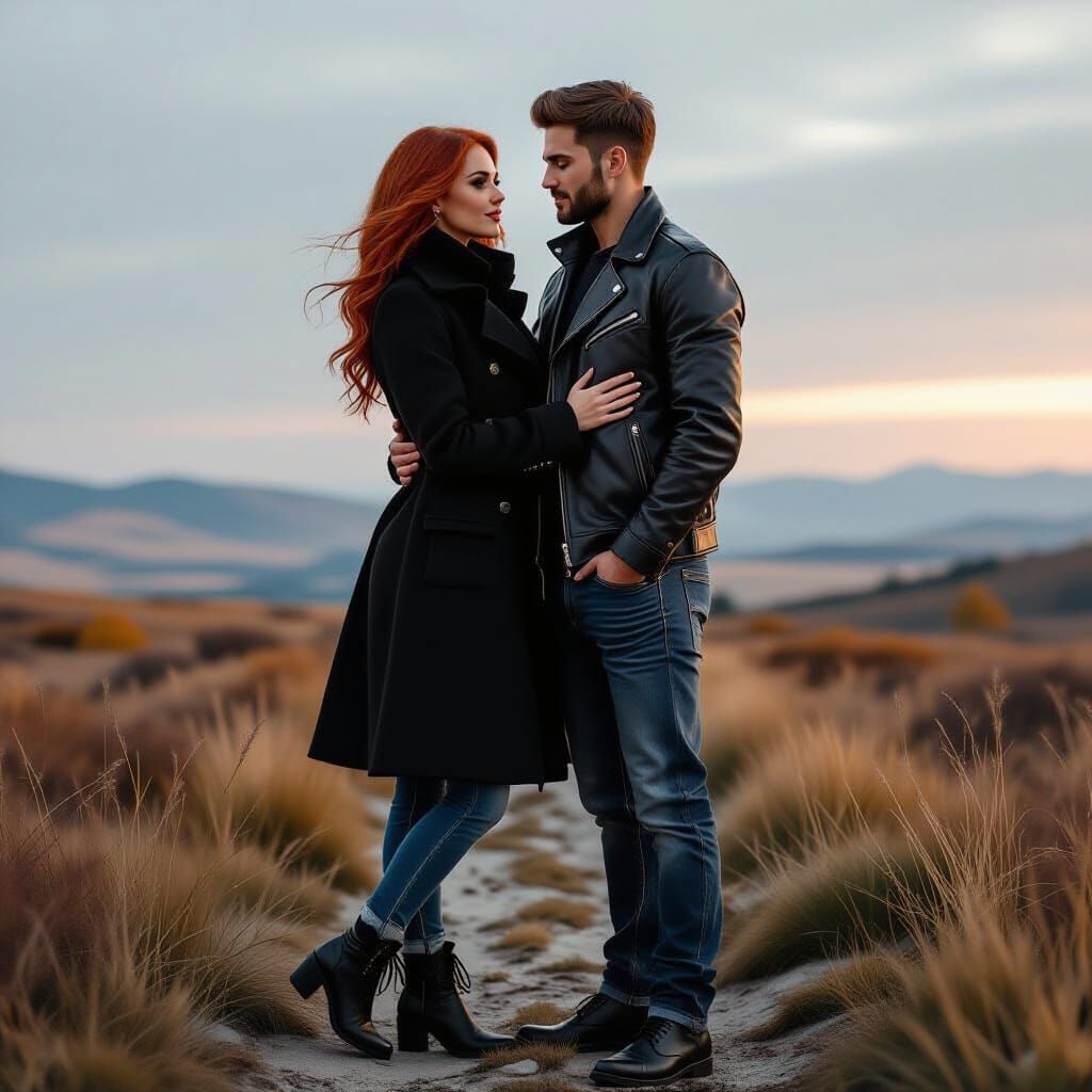 Goddess in Leather Caressing a Man