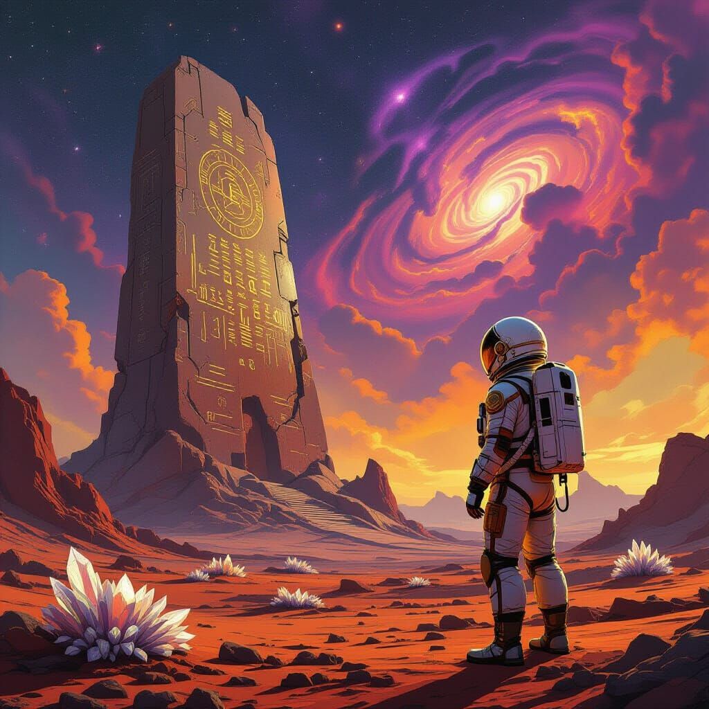 Astronaut on Alien Planet Gazing at Monument